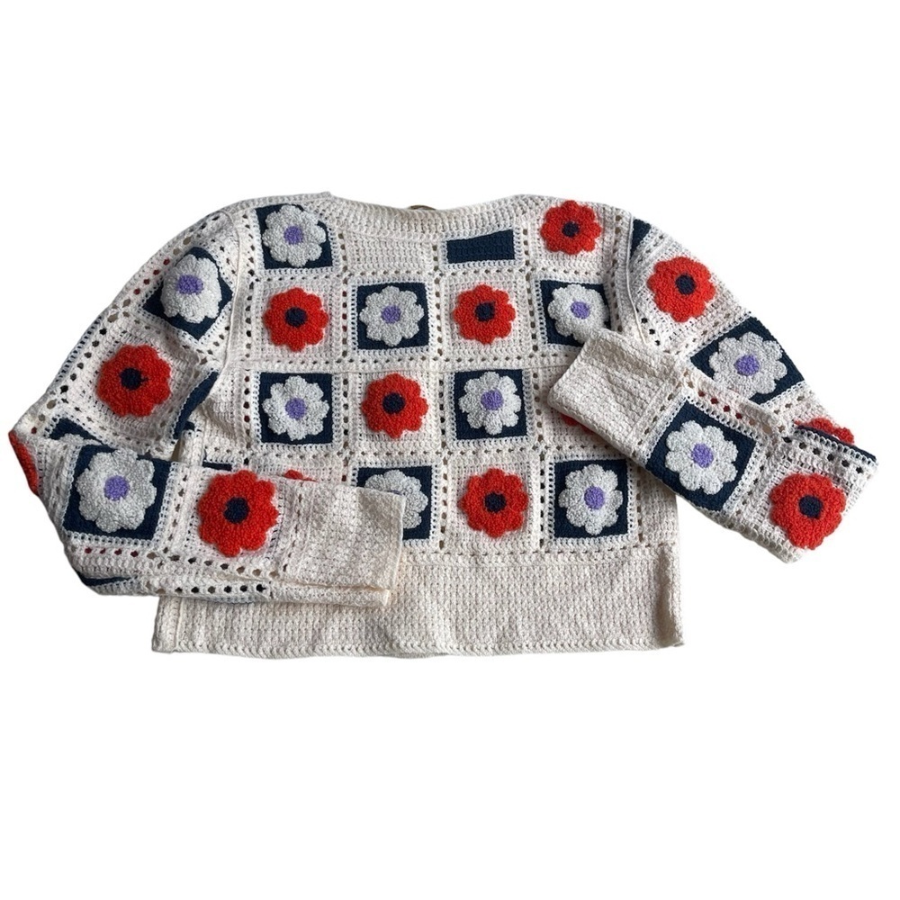 NEW Rebellion Cream Patchwork Crocheted Y2K Sweater Cardigan US S - Picture 2 of 5